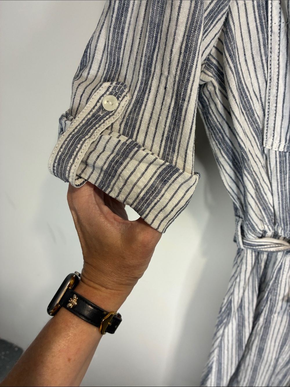 Max Studio Linen Blend Stripe Shirt Dress Blue White Tie Waist Large - Picture 5 of 7